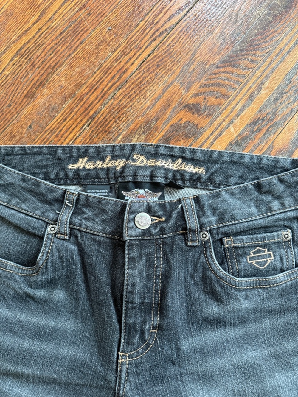 Harley-Davidson Black Denim Jeans with Gold Embroidered Logo